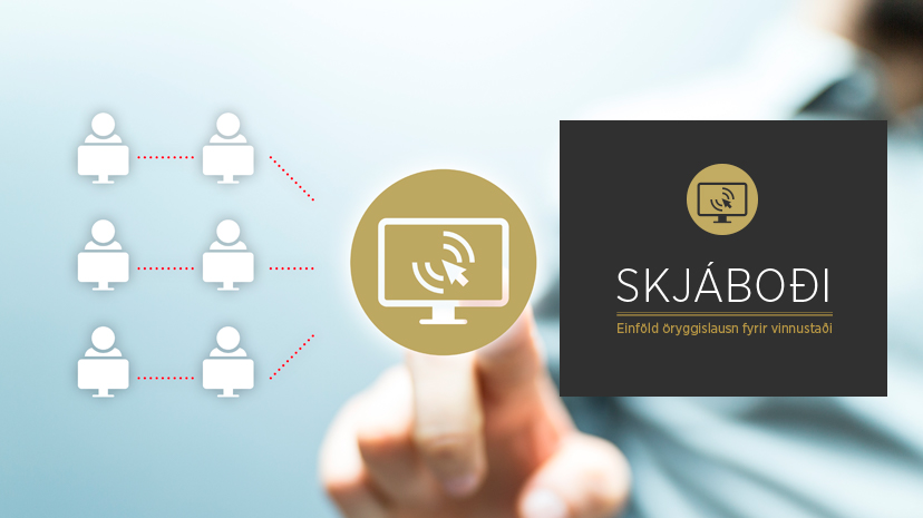 Skjáboði Securitas mynd sem sýnir hvernig margar tölvur tengjast kerfinu samtímis og allir geta gert viðvart